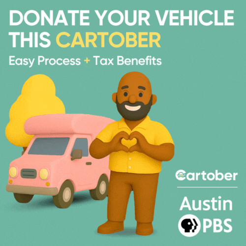 "Donate your vehicle this CARtober! Easy process. Tax Benefits." Graphic showing a man excitedly waving with an RV in the background