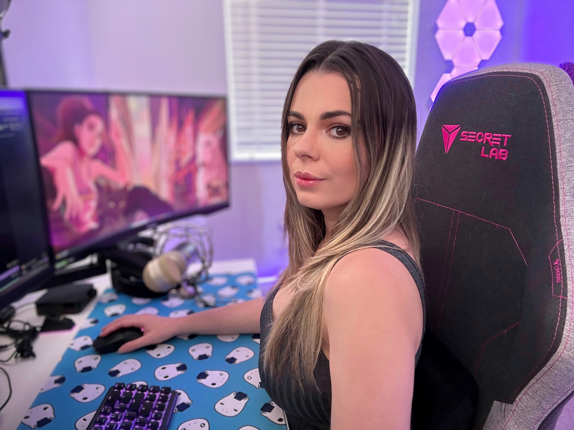 Uma foto-capa da streamer em seu setup de transmissão. 