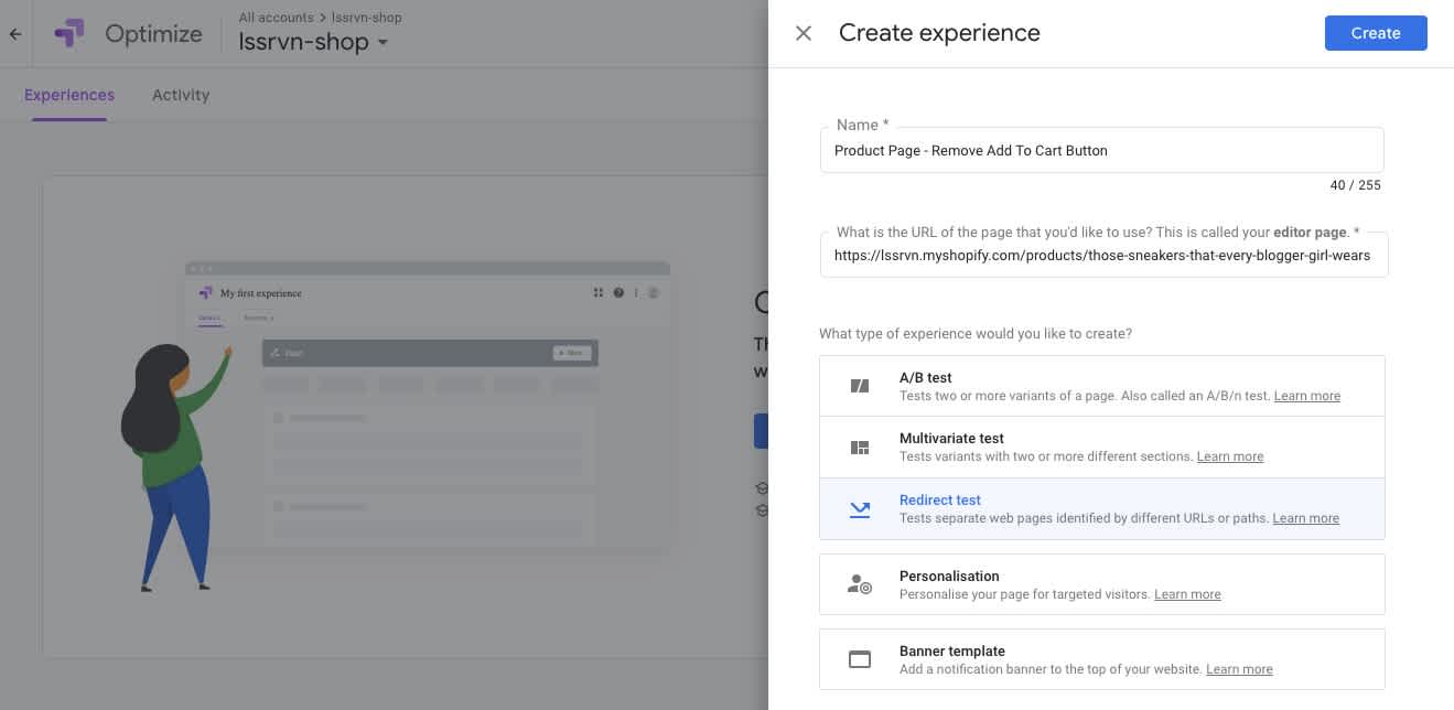Create new experiment in Google Optimize