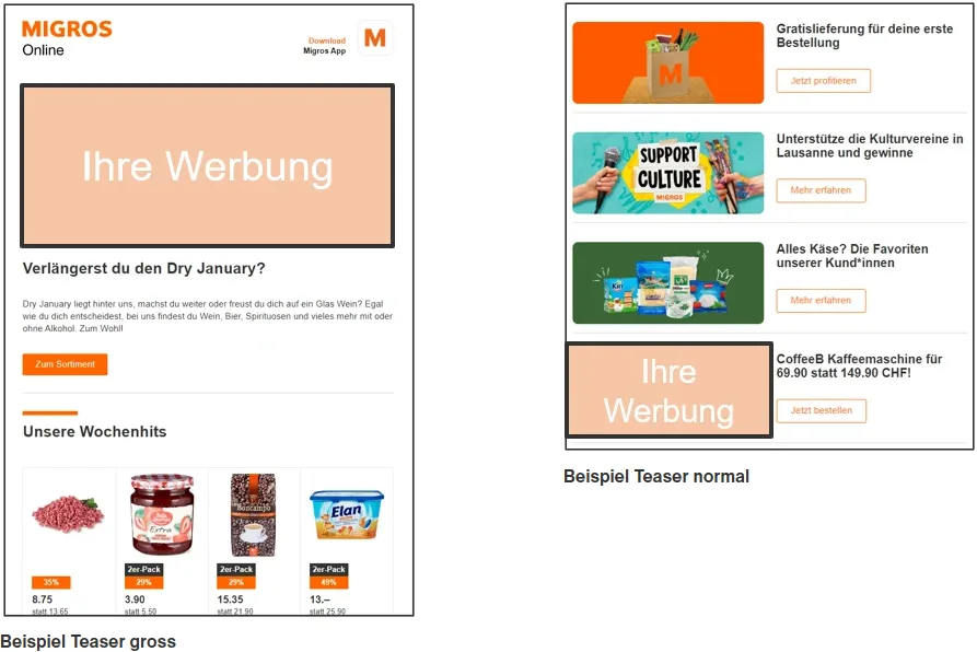 Migros Online teaser examples: normal and large