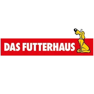 Logo von Das Futterhaus auf rotem Hintergrund, mit weißem, fettgedrucktem Text und einer Cartoon-Illustration eines gelben Hundes, der auf der rechten Seite sitzt, nach oben schaut und lächelt.