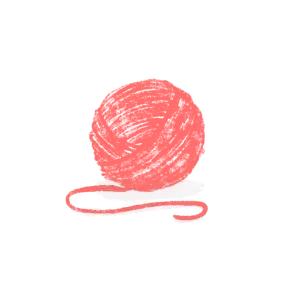 Ein rotes Garnknäuel mit einem losen Strang, der sich nach außen kräuselt, ist auf einem einfarbigen Hintergrund abgebildet.