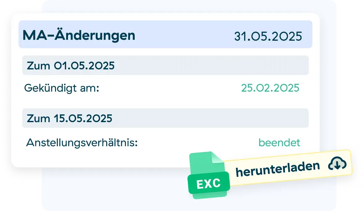 Ein Screenshot zeigt Beschäftigungsänderungen mit Datumsangaben: Beendigung am 25.02.2025, eine weitere Änderung am 15.05.2025, wobei der Beschäftigungsstatus als beendet markiert ist. Eine grüne Schaltfläche "Herunterladen" mit einem EXC-Dateisymbol ist sichtbar.