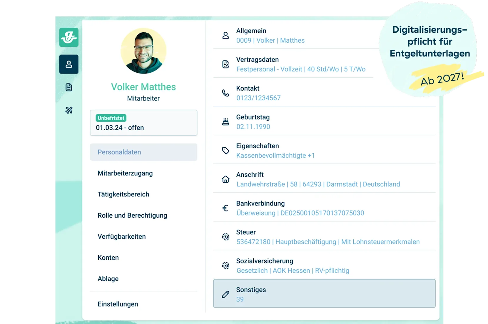 Profil-Dashboard für einen Mitarbeiter namens Volker Matthes, das persönliche und berufliche Daten auf einer digitalen Schnittstelle zeigt. Ein hervorgehobener Hinweis in der oberen rechten Ecke besagt "Digitalisierungspflicht für Entgeltunterlagen Ab 2027!".