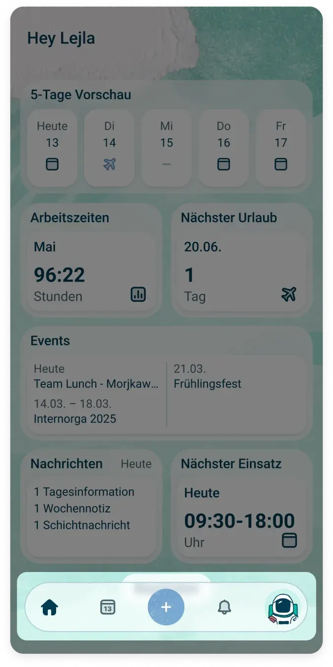 Ein Smartphone-Bildschirm zeigt eine Arbeitsmanagement-App mit einem 5-Tage-Kalender, erfassten Arbeitsstunden für Mai, bevorstehendem Urlaub am 20. Juni, heutigen Ereignissen, Nachrichten und der nächsten geplanten Schicht von 09:30 bis 18:00 Uhr.