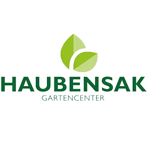 Logo für Haubensak Gartencenter mit zwei sich überlappenden grünen Blättern über dem Geschäftsnamen HAUBENSAK in großen grünen Buchstaben und GARTENCENTER in kleinerer Schrift darunter.