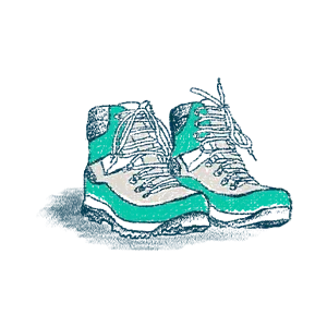 Illustration eines Paars blaugrüner und weißer Wanderstiefel mit schwarzen Schnürsenkeln, nebeneinander dargestellt, mit leichten Schatten unter ihnen.
