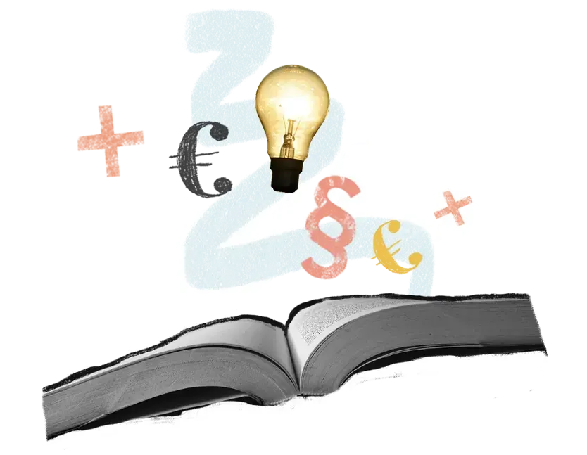 Ein aufgeschlagenes Buch mit illustrierten Zahlen, Symbolen und einer darüber schwebenden leuchtenden Glühbirne, die für Ideen, Kreativität und Lernen steht.