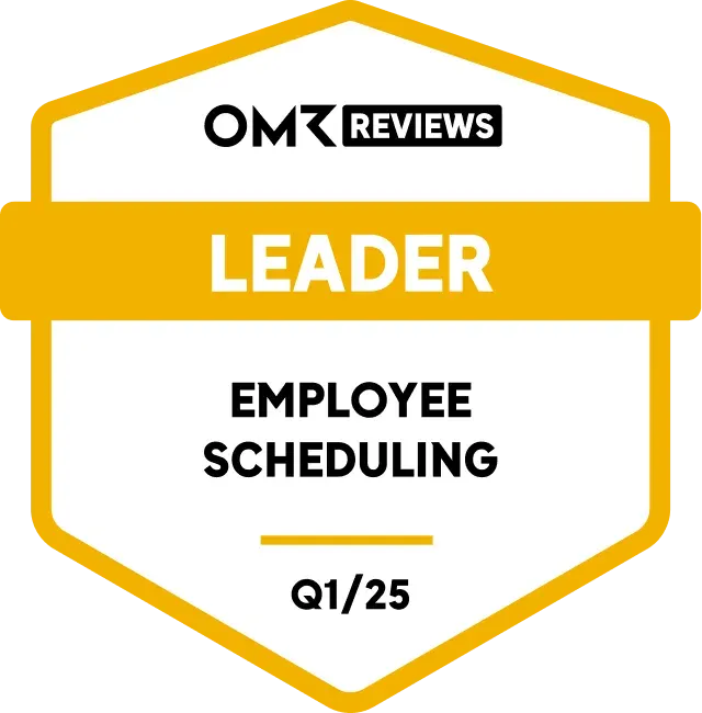 Ein goldenes und weißes Abzeichen mit Text: OMR Reviews - Leader - Mitarbeitereinsatzplanung - Q1/25.