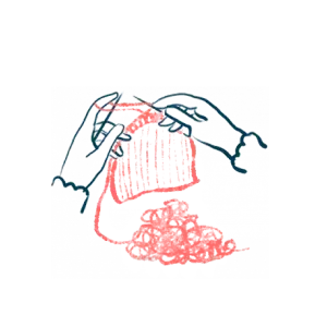 Eine einfache Strichzeichnung von zwei Händen, die mit blauen Nadeln und rosa Garn stricken, mit einem Garnknäuel darunter und Maschen, die sich zwischen den Händen bilden.