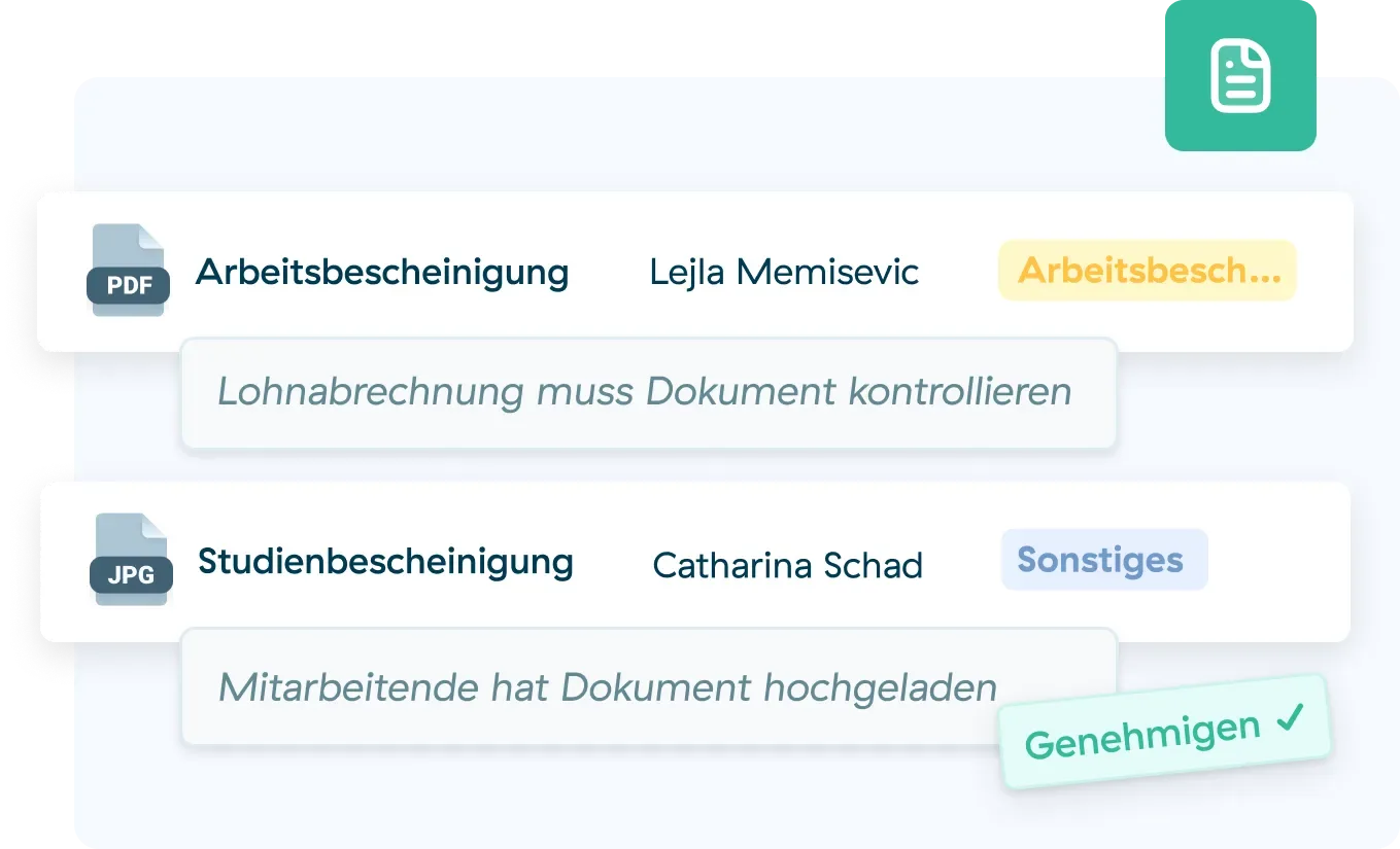 Eine digitale Schnittstelle zeigt zwei Dokumenteneinträge mit Symbolen, Dateinamen, Benutzernamen und farbigen Statuskennzeichnungen in deutscher Sprache, einschließlich Arbeitsbescheinigung, Studienbescheinigung und Genehmigungsmaßnahmen.