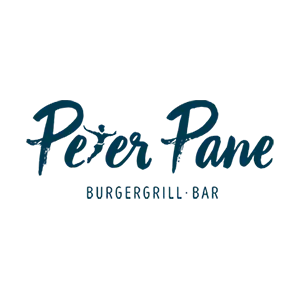Peter Pane-Logo in blauer Schrift, mit kleinerem Text darunter, der #BURGERGRILLBAR lautet. Das Design hat einen lässigen und modernen Touch.