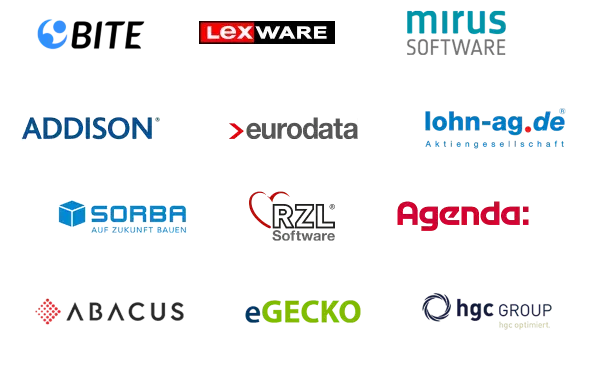 Eine Sammlung verschiedener Logos für Lohn- und Buchhaltungssoftware, darunter Lexware, mirus, Addison, eurodata, lohn-ag.de, SORBA, RZL Software, Agenda, Abacus, eGECKO und hgc group, dargestellt auf einem weißen und schwarzen Hintergrund.