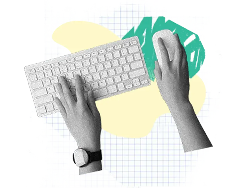 Eine Collage von zwei Händen, die eine Computertastatur und eine Maus benutzen, mit einer Uhr am linken Handgelenk, vor einem Hintergrund aus Rasterpapier und abstrakten gelben und grünen Formen.