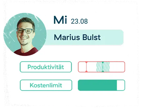 Profilfoto eines lächelnden Mannes mit Brille. Der Text lautet Mi 23.08 Marius Bulst. Darunter befinden sich Fortschrittsbalken für Produktivität (nicht voll) und Kostenlimit (voll).
