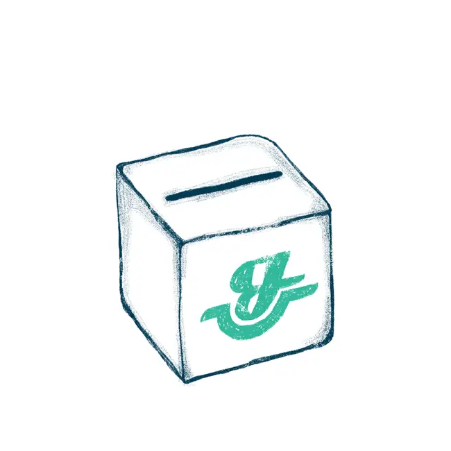 Eine handgezeichnete Wahlurne mit einem Schlitz auf der Oberseite und einem grünen Häkchensymbol auf der Vorderseite.