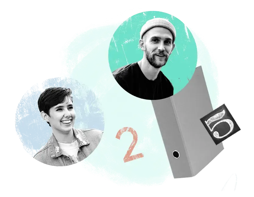 Collage mit zwei Personen, einer lächelnden Frau und einem bärtigen Mann mit Mütze, sich überschneidenden Kreisen und einem Aktenordner mit der Aufschrift "5" und der Zahl "2" in der Mitte.