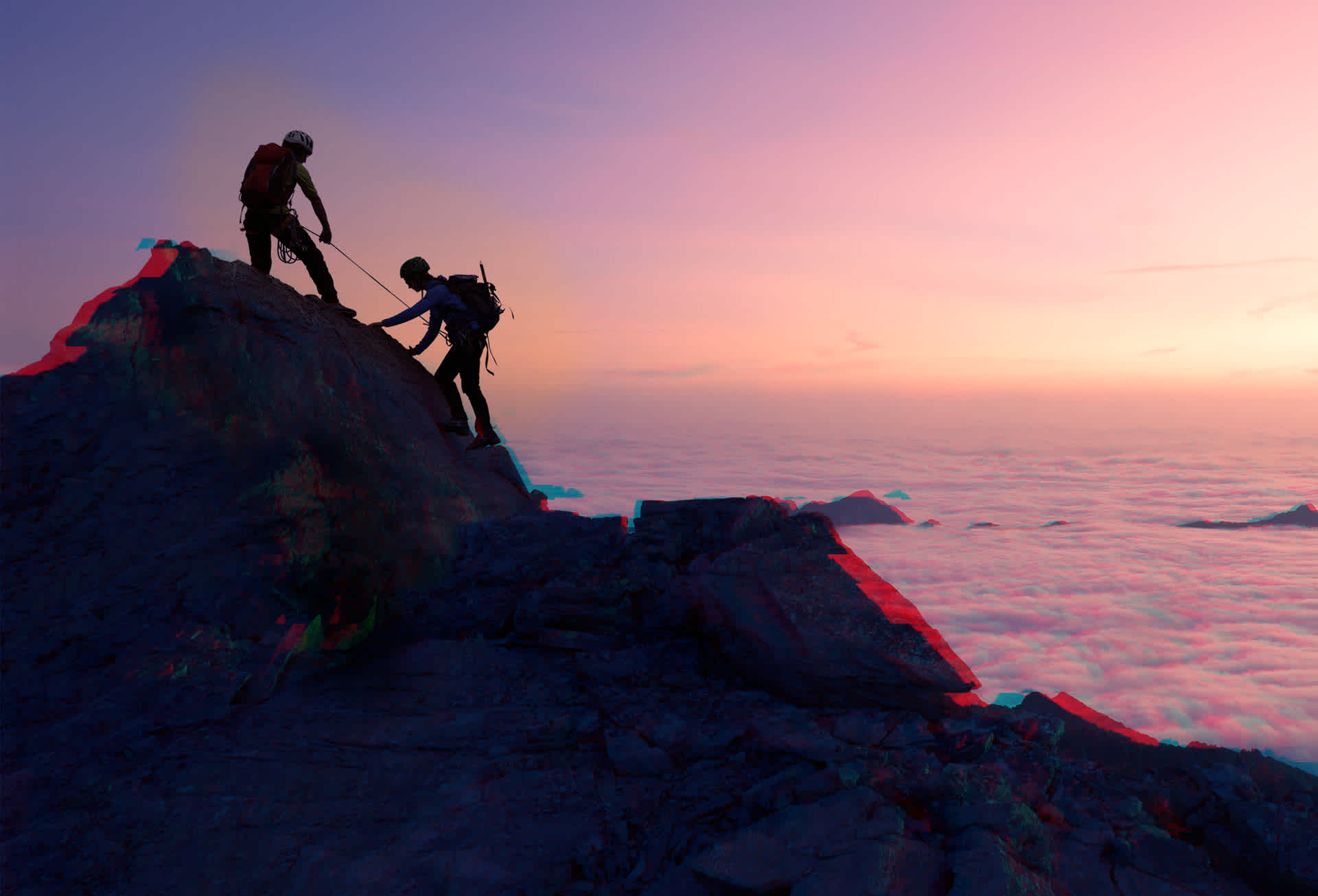 Digitized image of two mountaineers reach a peak above the clouds at dusk. 