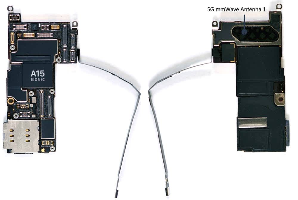 Front-side and back-side of the stacked PCB of the iPhone 13 Pro Max