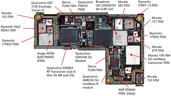 iPhone 12 Pro Max annotated back-side PCB (dismantled PCB stack) with identified major ICs