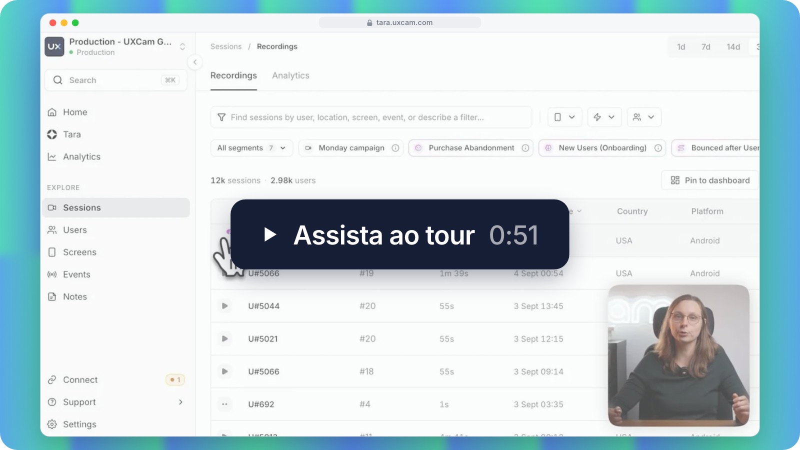 Assista ao tour de 51 segundos da UXCam