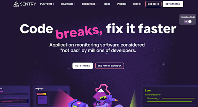 Sentry homepage: Code breaks, fix it faster