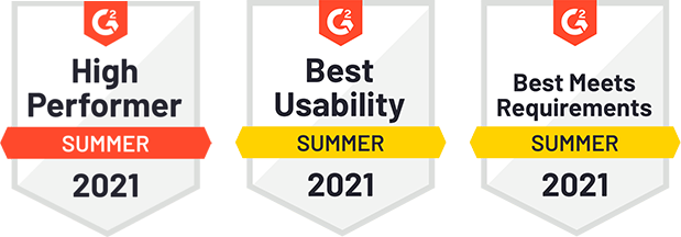 Awards with title of "High performer 2021", "Best Usability 2021" and "Best Meets Requirements 2021"
