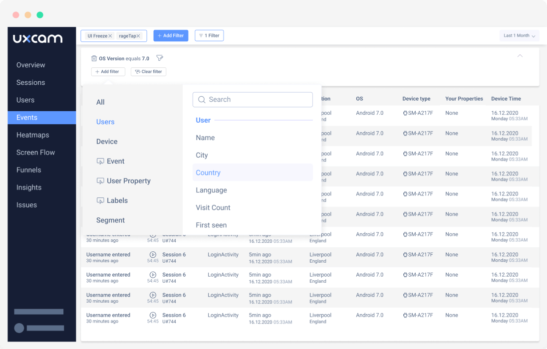 Dashboard with event filters