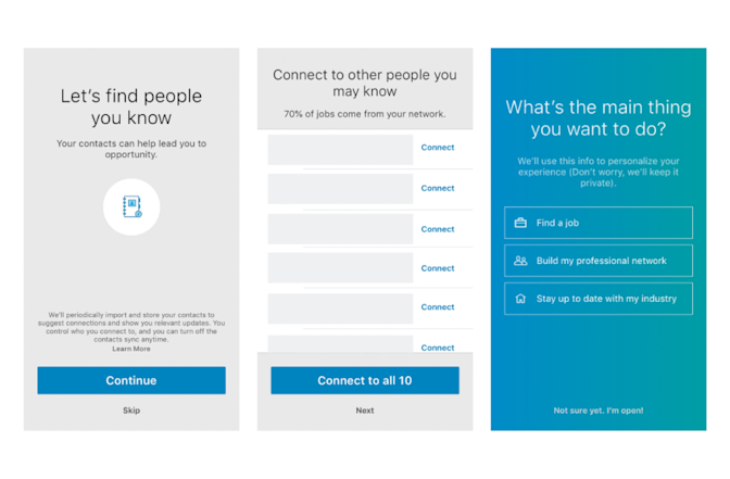 linkedIn mobile app onboarding example