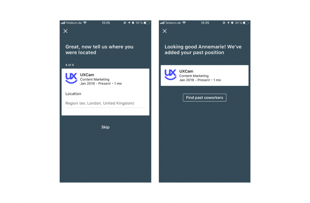 app onboarding linkedin example