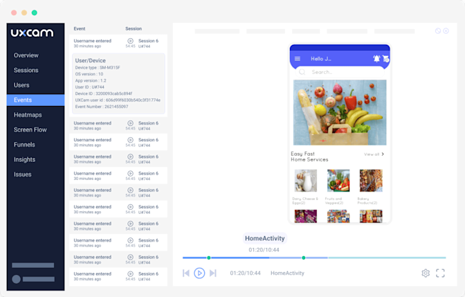 Dashboard with event replays