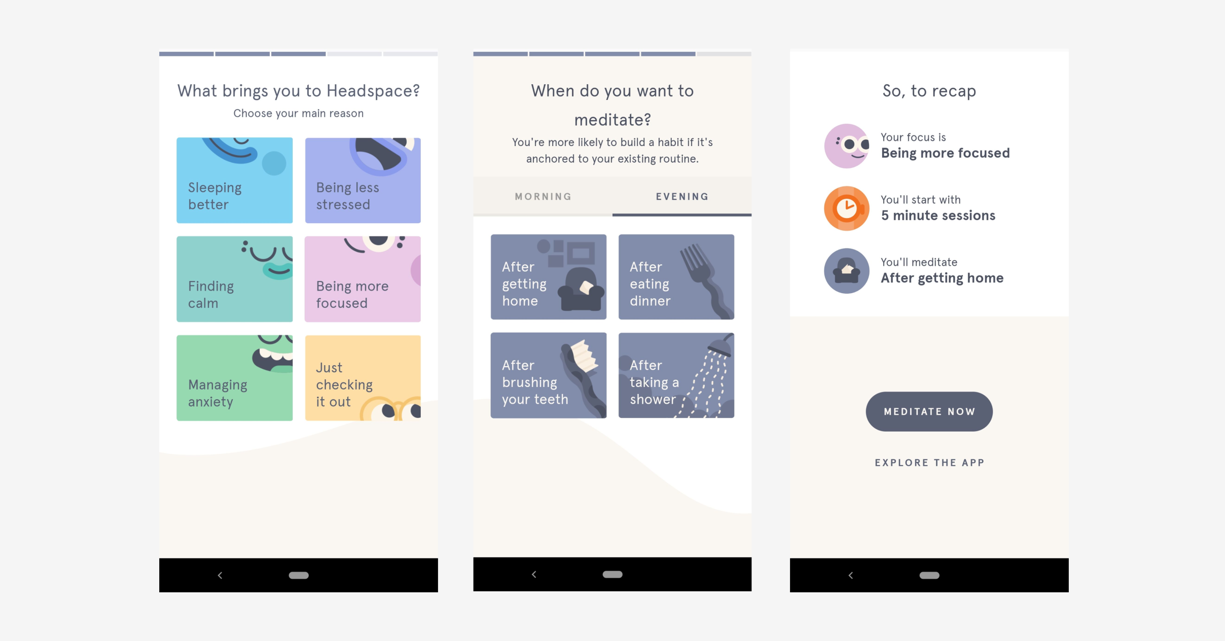 Product screenshot headspace onboarding flow