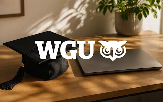 Logo de WGU sobre un birrete de graduación y un portátil en un escritorio