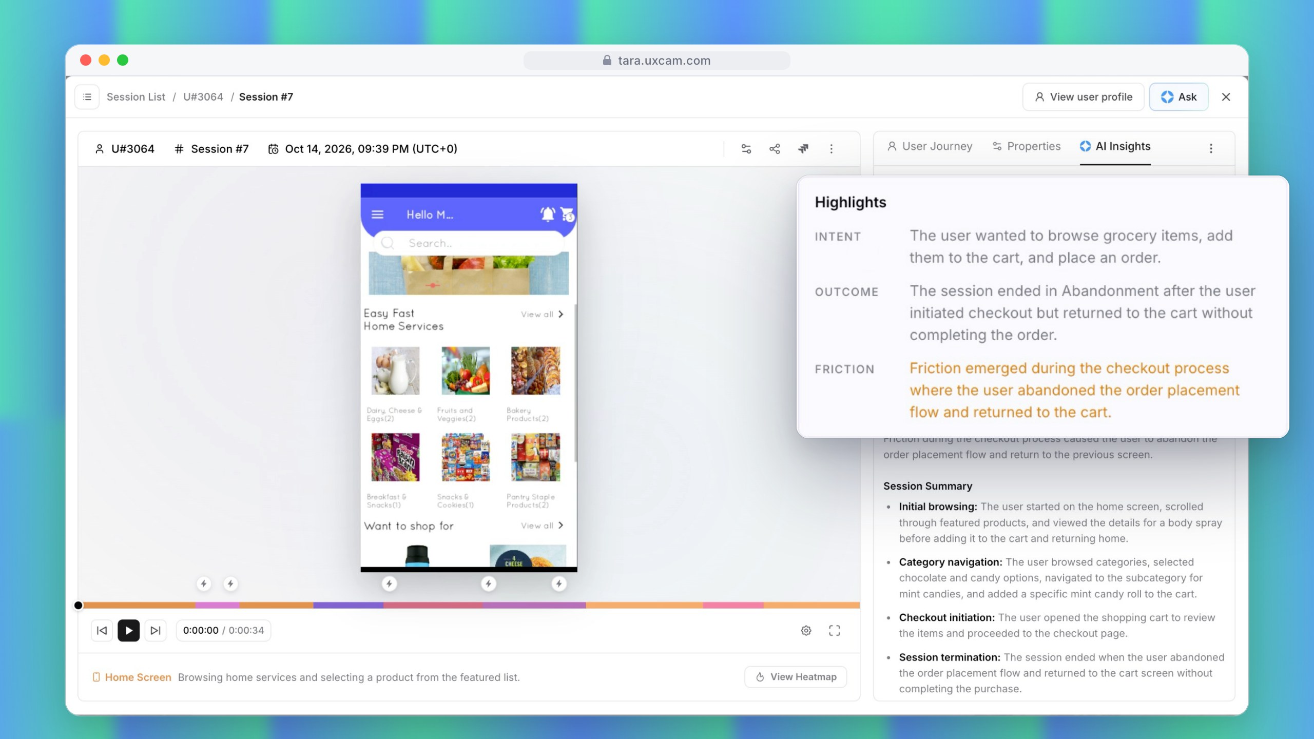 Uma gravação de sessão com AI Insights: o que o usuário queria fazer, como a sessão terminou e onde houve atrito