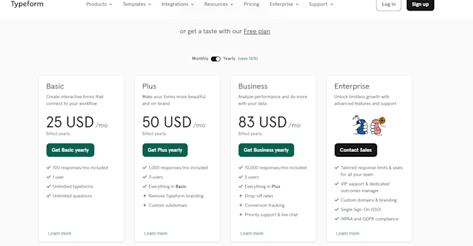 user feedback tool typeform pricing