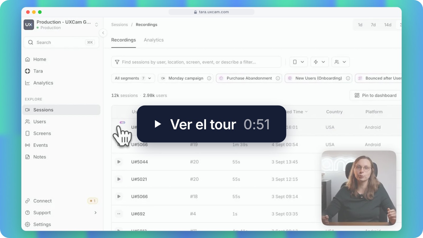 Mira el tour de 51 segundos de UXCam