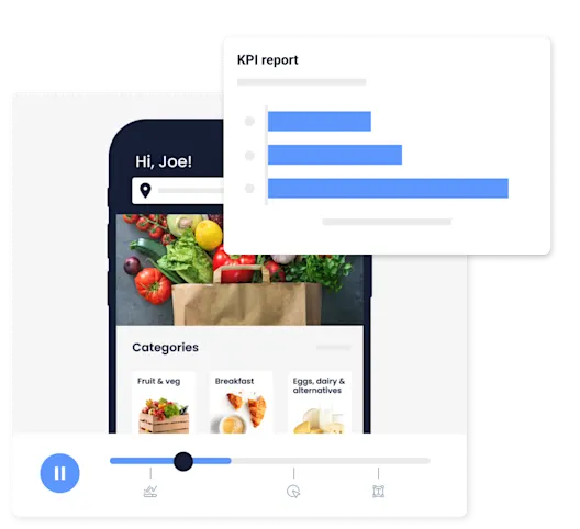 Relatório de KPIs ao lado da gravação de sessão de um app de supermercado
