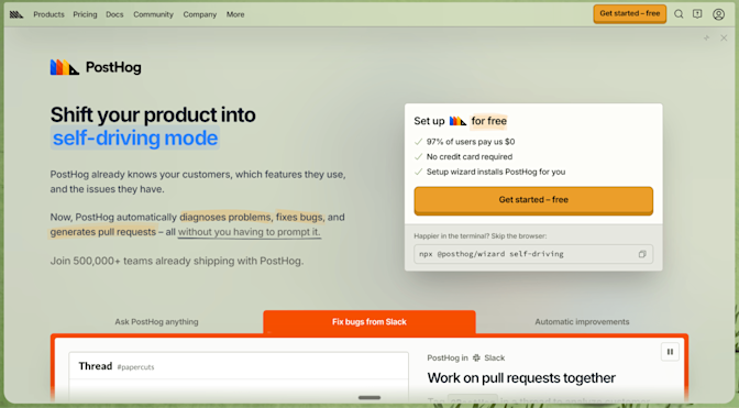PostHog homepage: Shift your product into self-driving mode