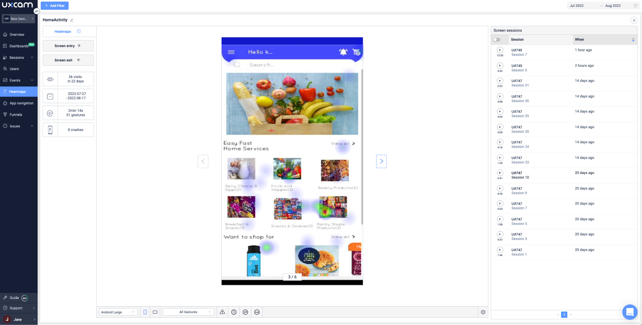 UXCam heatmap showing gesture data 