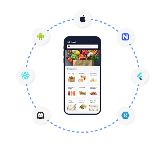 Tela de app cercada pelos logos de iOS, Android, Flutter, React Native e outros frameworks