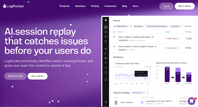 LogRocket homepage: AI session replay that catches issues before your users do