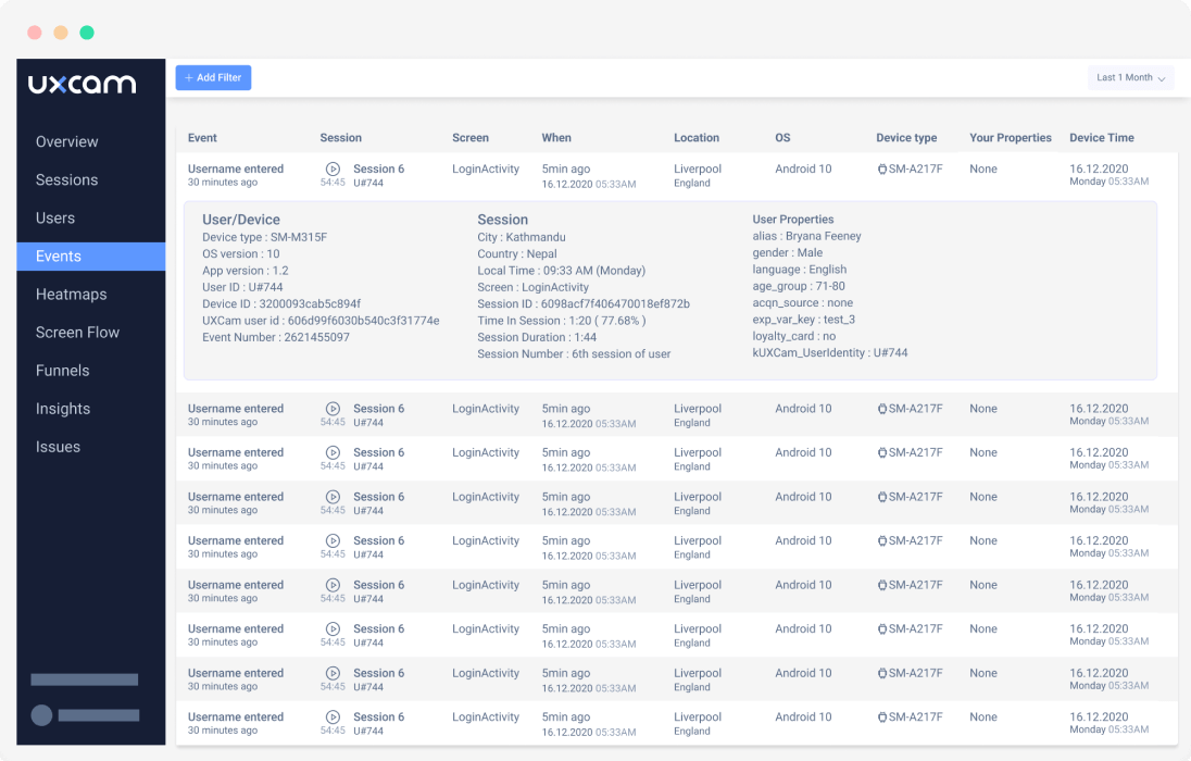 Dashboard with app events