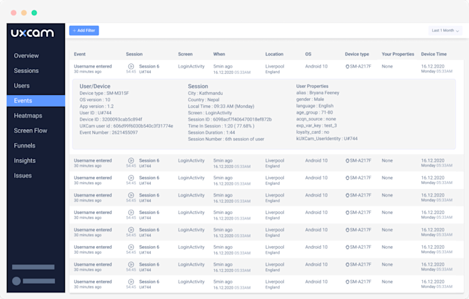 Dashboard with app events