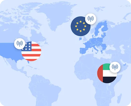 World map with data hosting locations in the USA, EU and UAE
