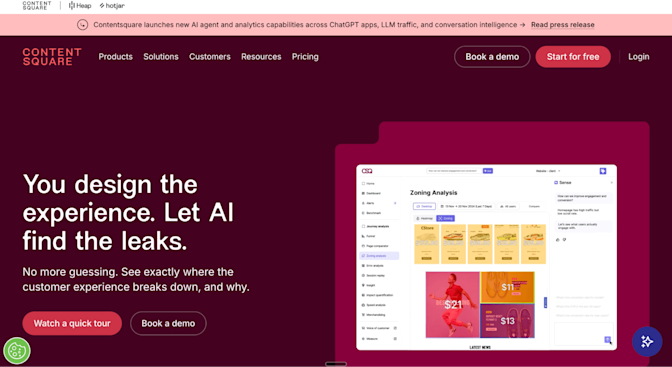 Contentsquare homepage: You design the experience. Let AI find the leaks.
