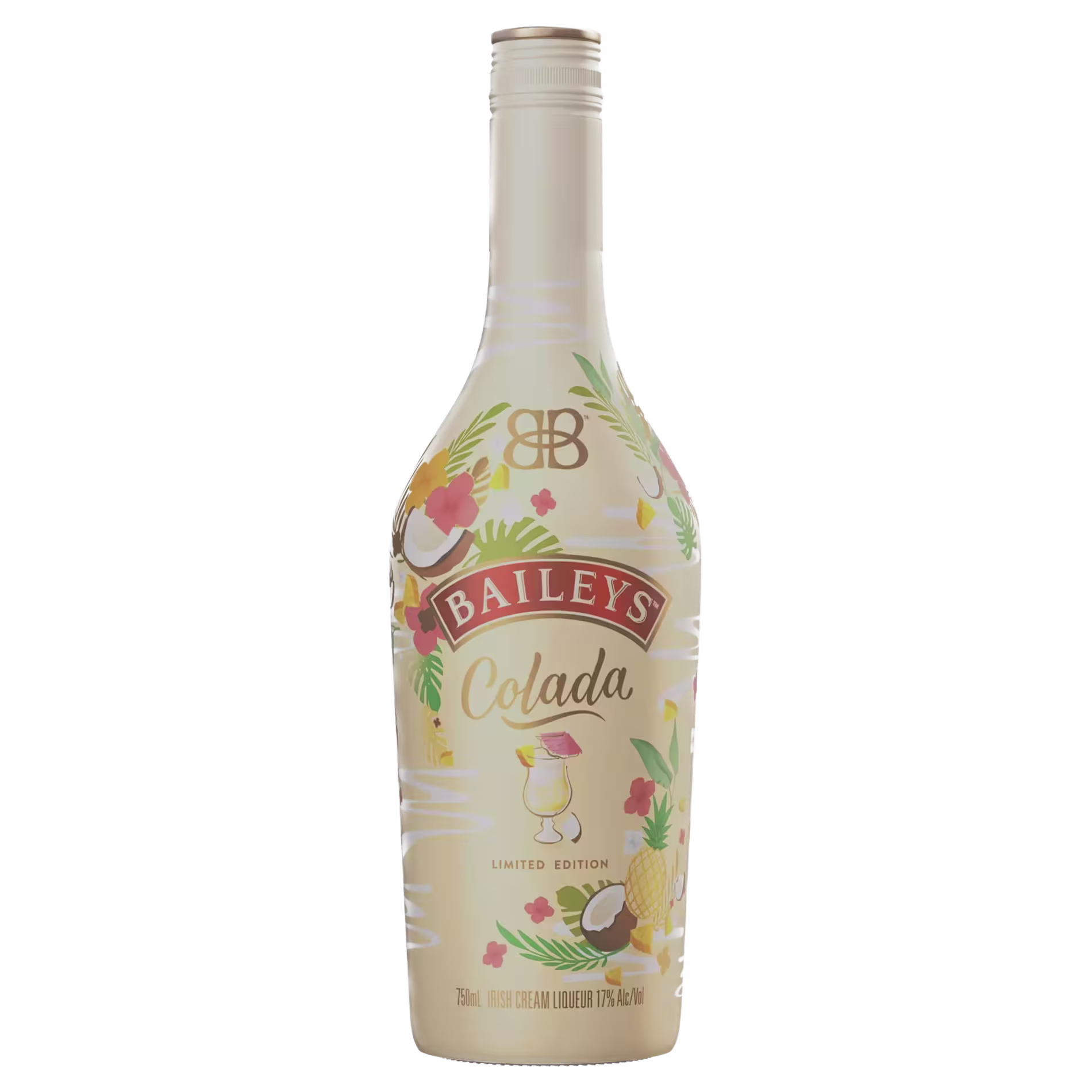 A 750ml bottle of Baileys Colada limited edition liqueur with tropical-themed packaging featuring pineapples, coconuts, and floral designs.
