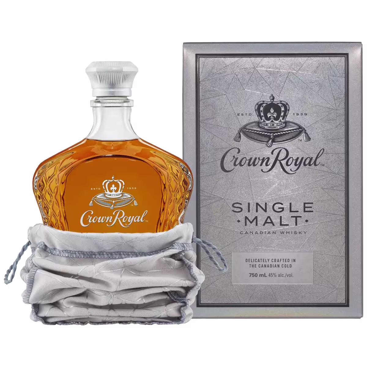Crown Royal Single Malt Canadian Whisky bottle in a gray pouch next to its matching box, displaying brand and product details.