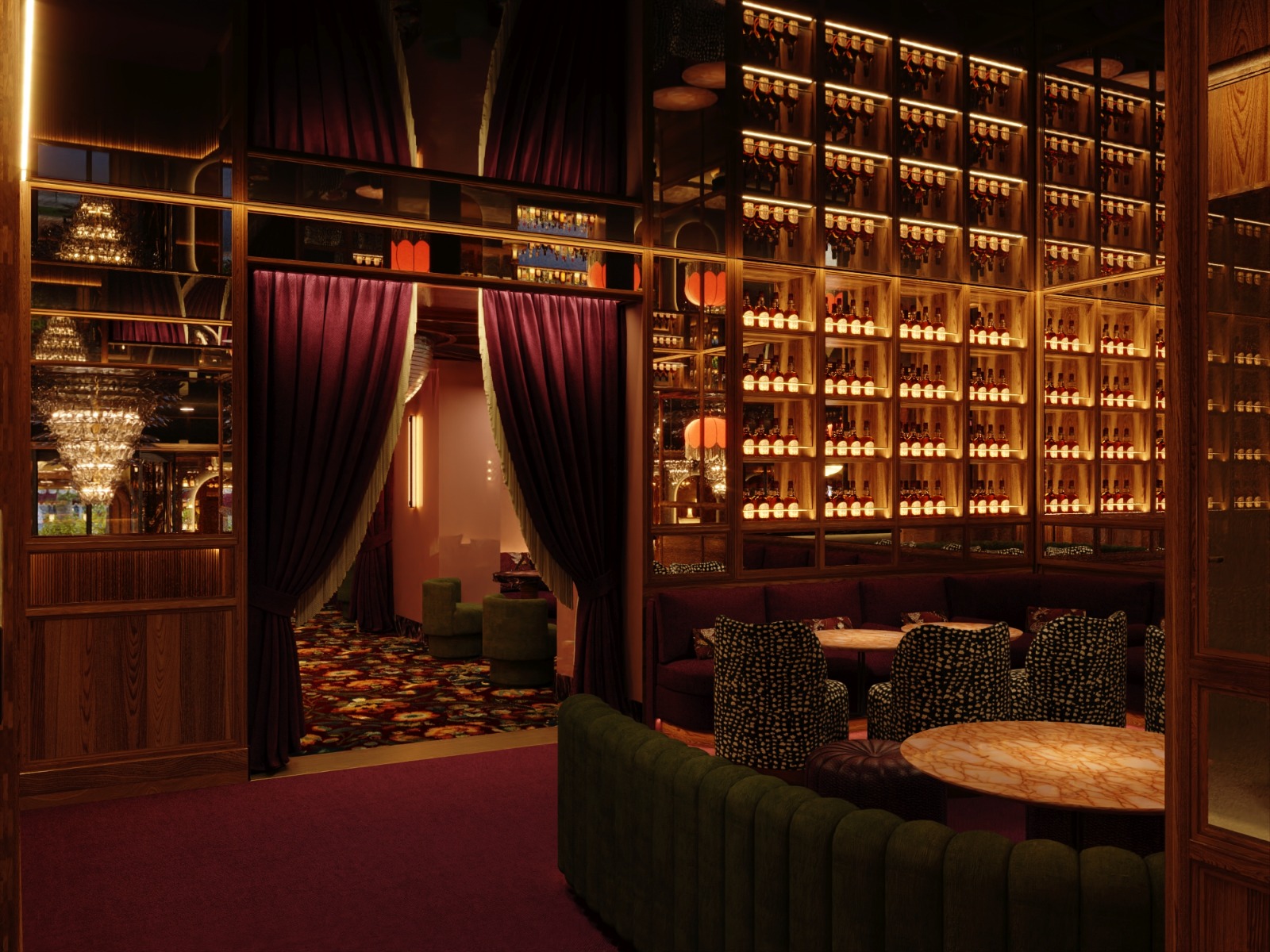 Castellana 8, un rincón sofisticado con estanterías de vinos iluminadas, elegantes cortinas púrpura y mobiliario lujoso.