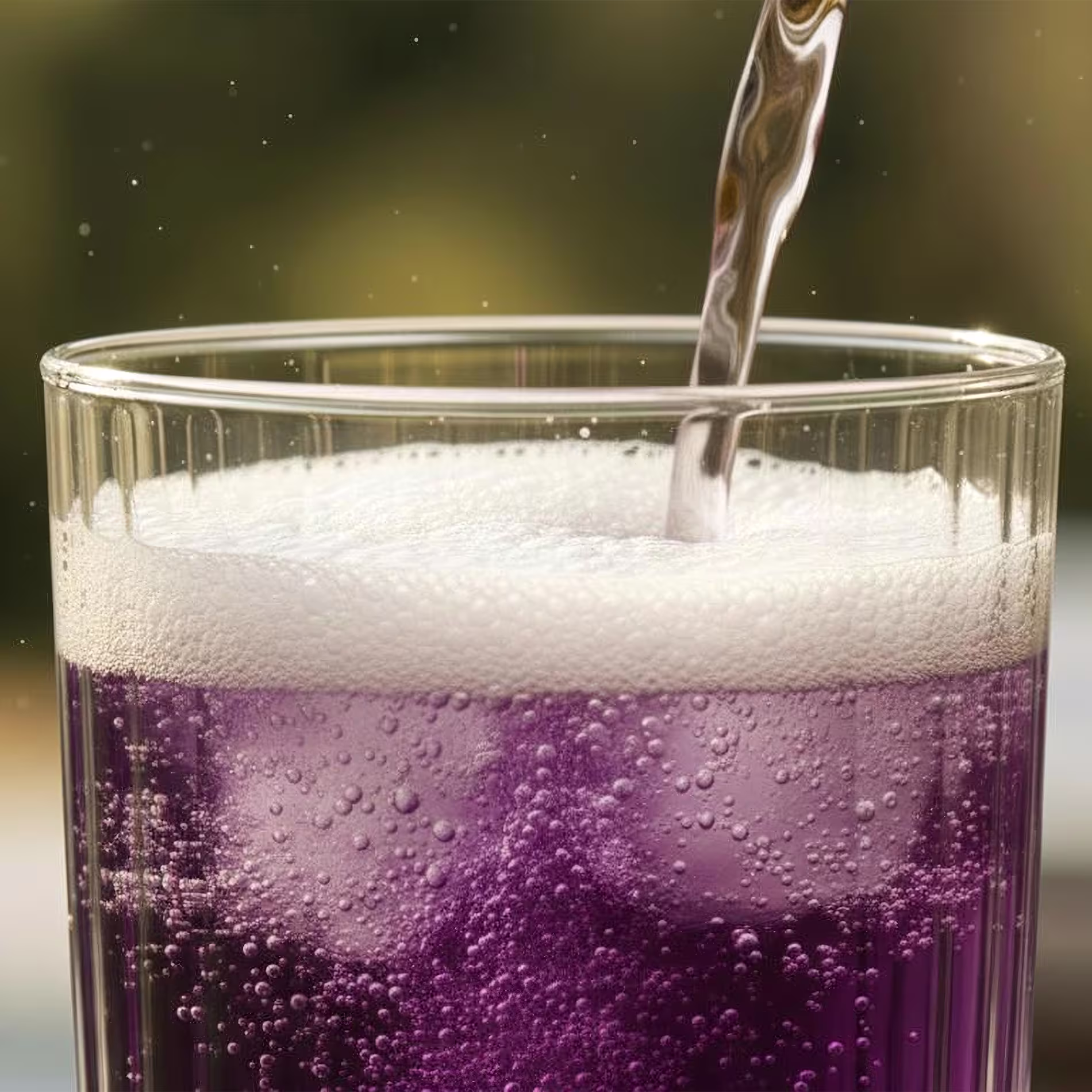 A lila koktélt limonádéval töltik fel, hogy pezsgést hozzanak létre.