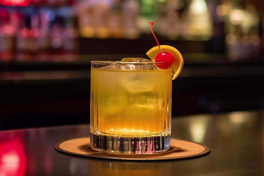 A cocktail with ice in a short glass, garnished with an orange slice and a cherry, sits on a coaster at a bar.